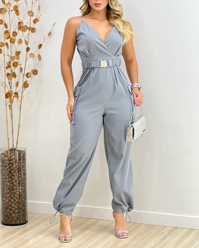 

Pocket Design Cuffed Spaghetti Strap Jumpsuit, Gray
