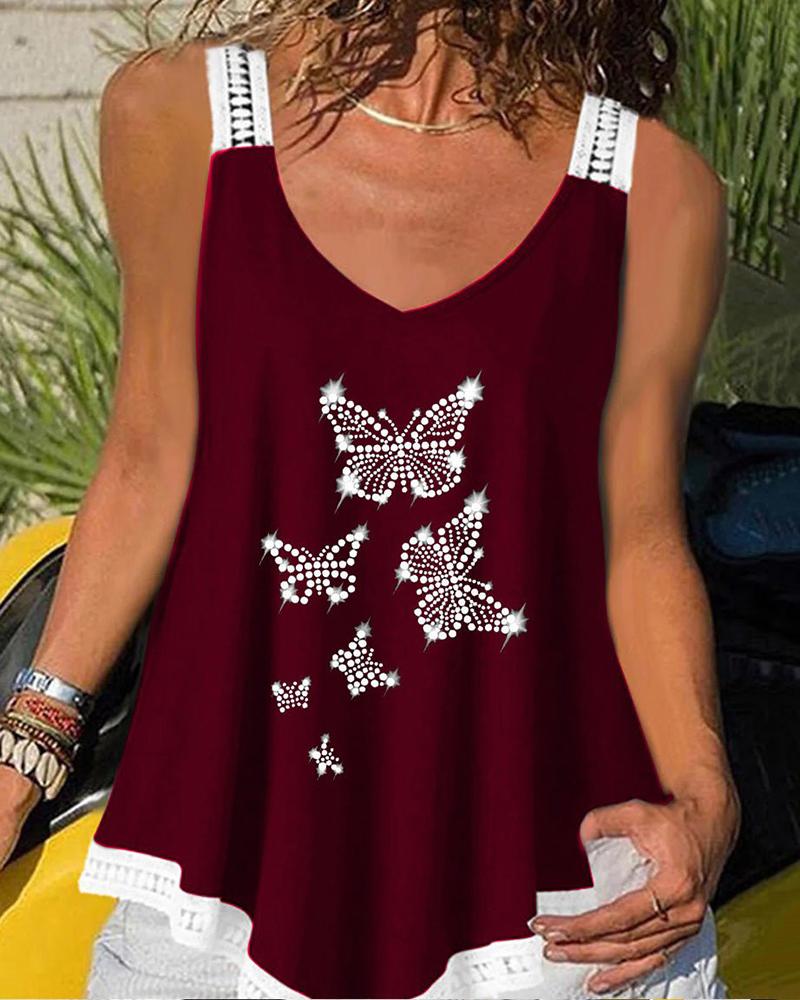 

Lace Trim Rhinestone Butterfly Pattern Tank Top, Red