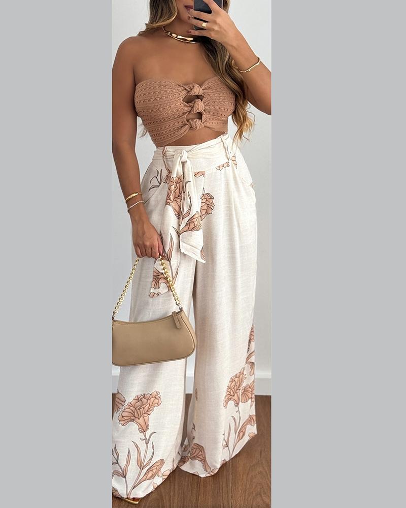 

Floral Print Tied Detail Wide Leg Pants, Beige