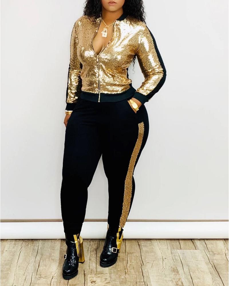 

Contrast Sequin Long Sleeve Zip Up Top & Pants Set, Gold