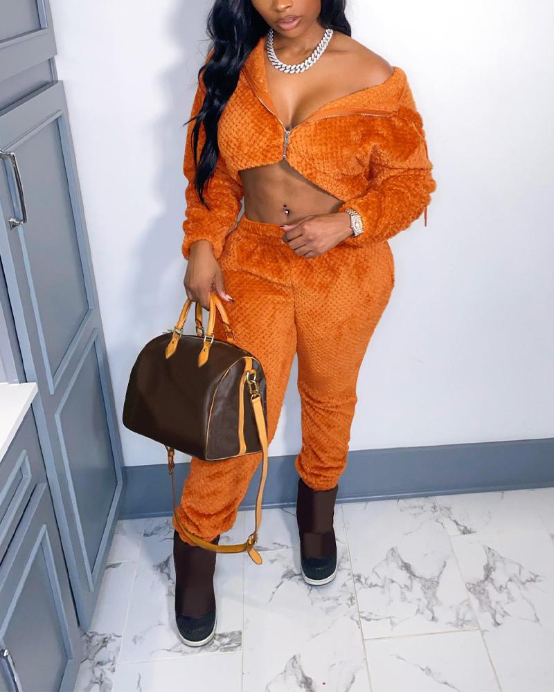 

Velvet Long Sleeve Hooded Zip Up Top & Pants Set, Orange