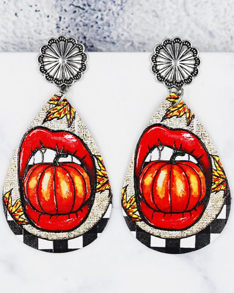 

1Pair Halloween Thanksgiving Pumpkin Lip Print Drop Earrings, Orange
