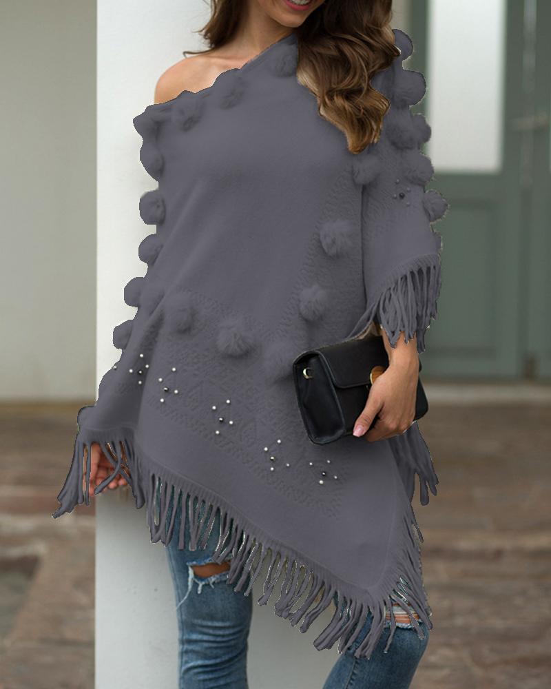 

Tassel Design Pom Pom Casual Cloak Sweater, Gray