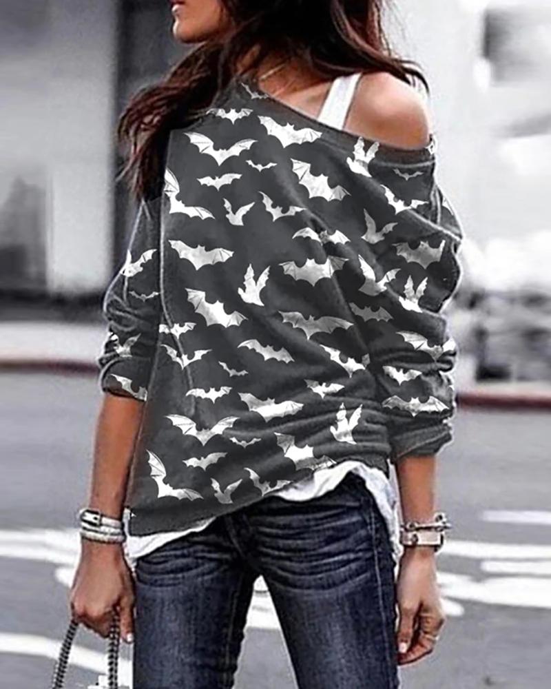 

One Shoulder Halloween Bat Print Cozy Sweatshirt, Gray