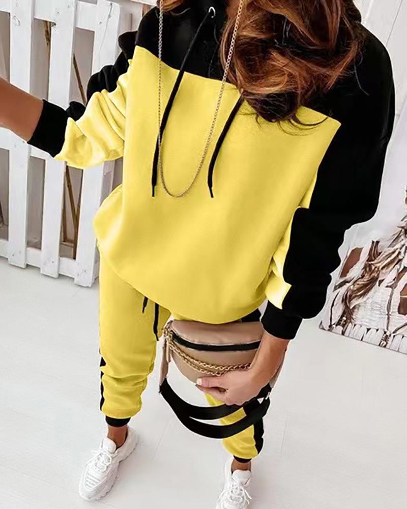 

Colorblock Hooded Top & Drawstring Pants Set, Yellow