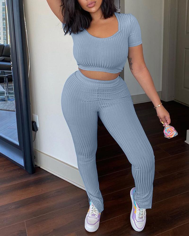 

Ribbed Crop Top & Split Hem Pants Set, Lighted blue