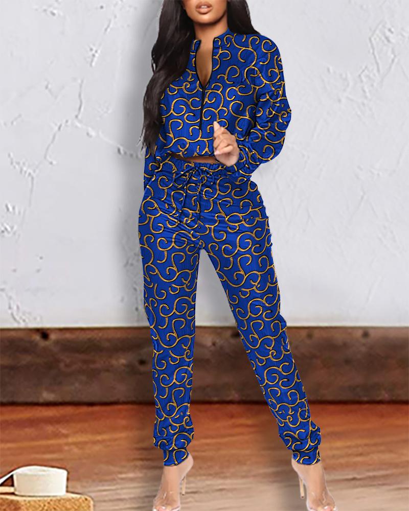 

Abstract Print Zipper Front Top & Drawstring Pants Set, Blue