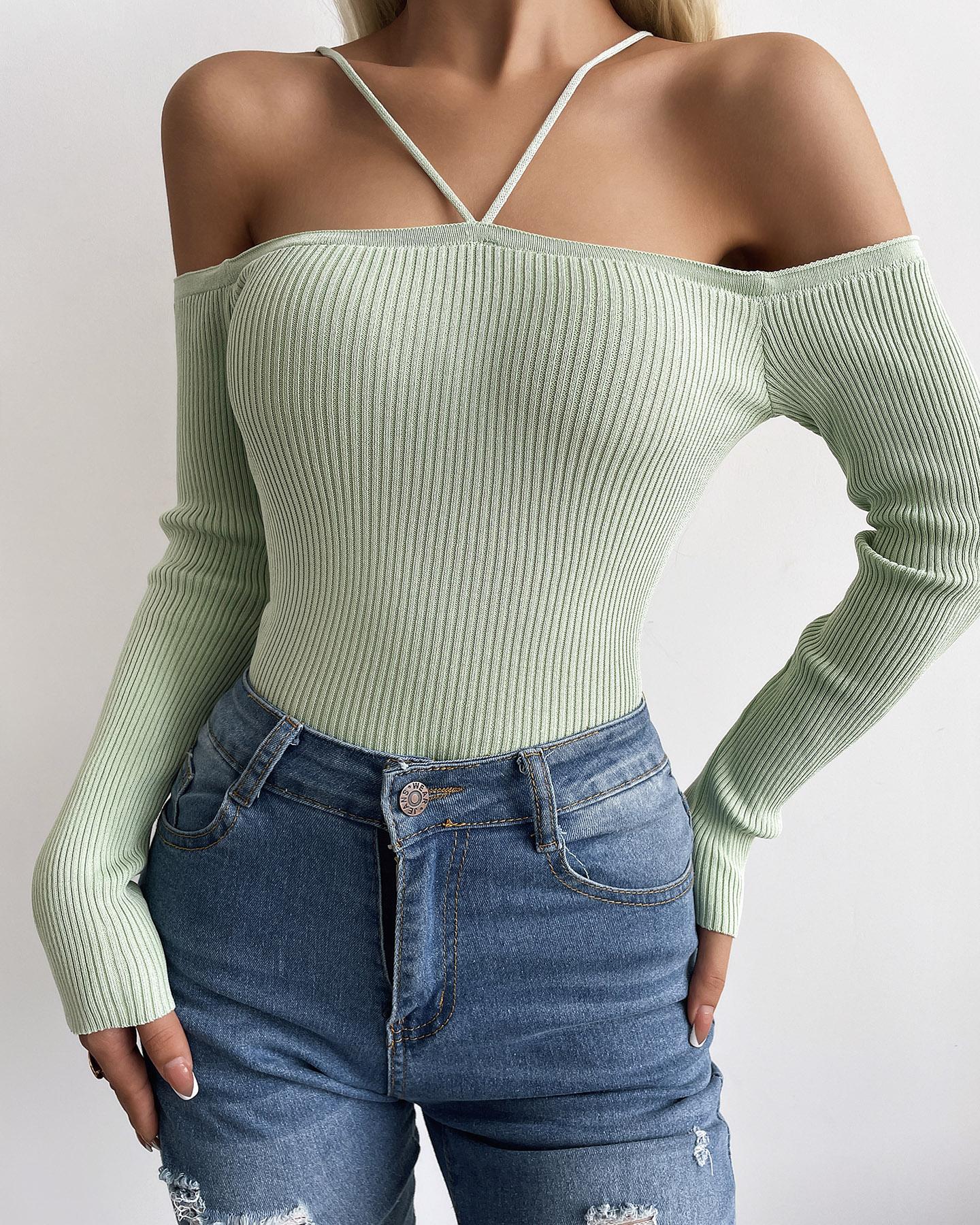 

Off Shoulder Long Sleeve Skinny Knit Top, Green