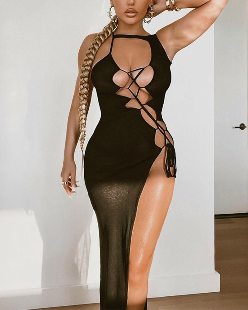 

Asymmetrical Neck Cut-Out Lace-Up High Split Sleeveless Bodycon Dress, Black