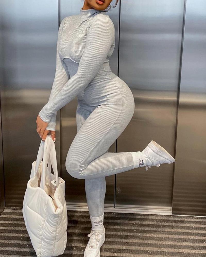 

Ribbed Zipper Back Long Sleeve Skinny Jumpsuit, Gray