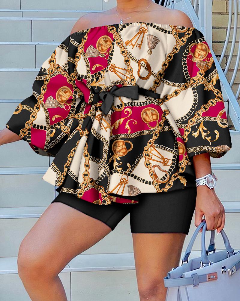 

Scarf Chain Print Off Shoulder Belted Top & Shorts Set, Multicolor