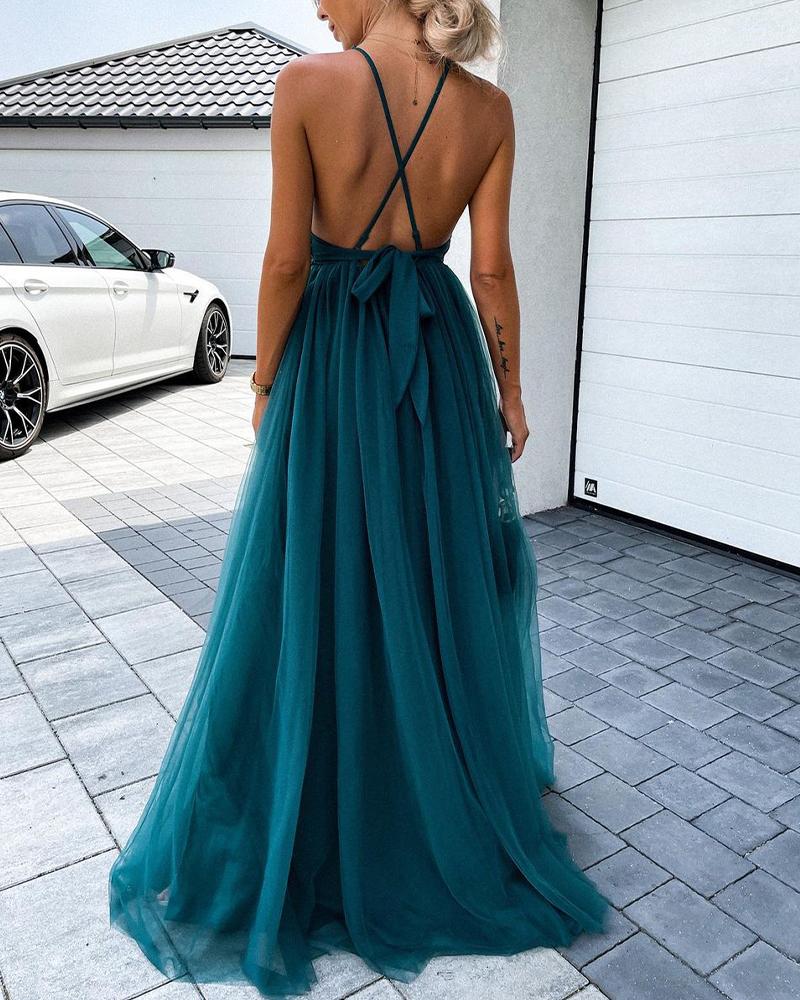 

Solid Color Splicing Lace Mesh Backless Halter Sleeveless Maxi Dress, Green