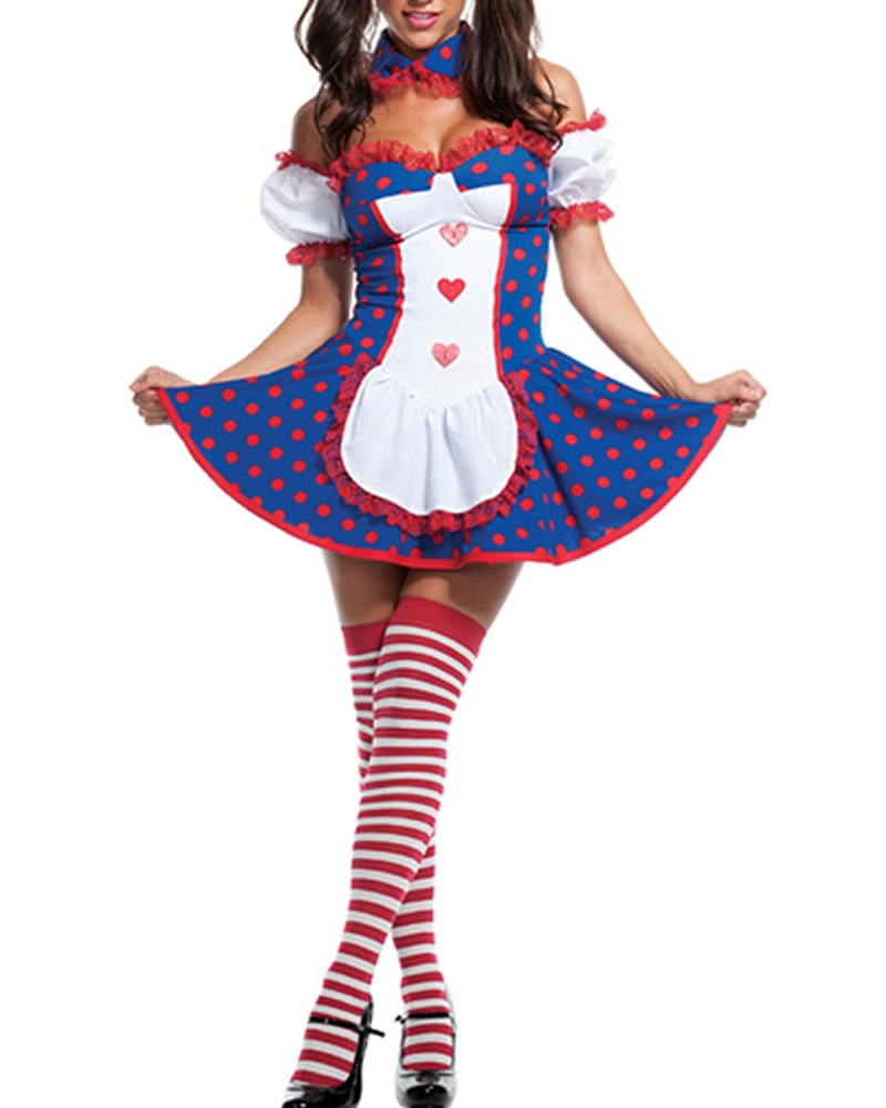 

Polka Dot Heart Print Halloween Cosplay Maid Costume Set, Blue