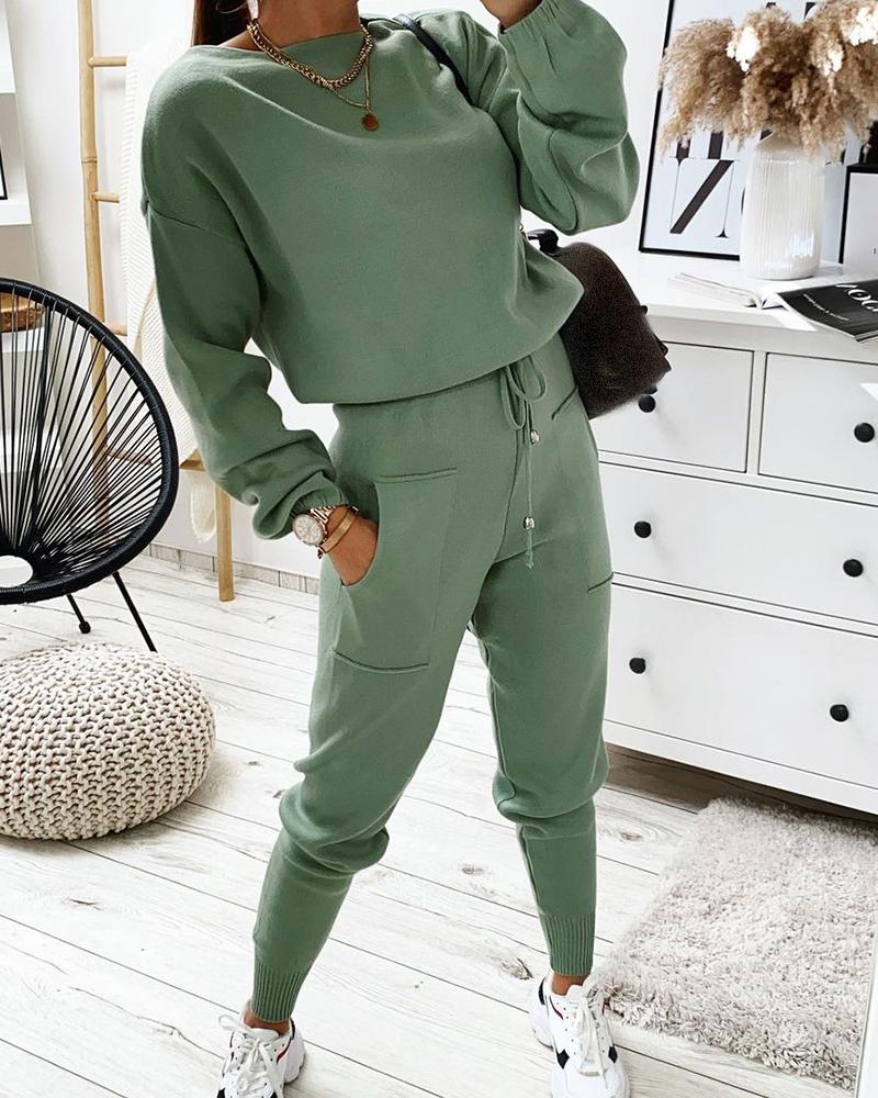 

Plain Long Sleeve Top & Drawstring Pants Set, Green