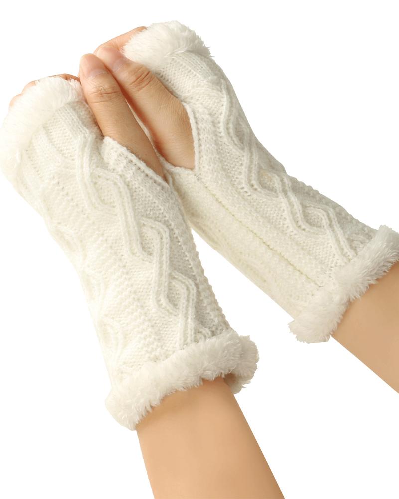 

1Pair Warm Fleece Lined Knit Fingerless Gloves, White