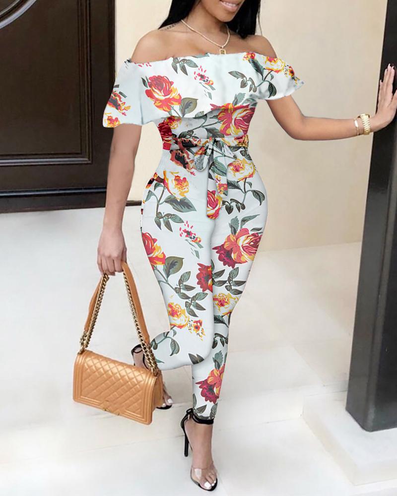 

Off Shoulder Printed Floral Straight Jumpsuit, White