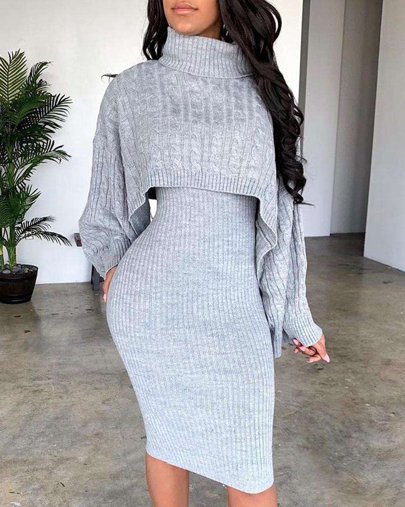 

Solid High Neck Ribbed Sweater & Thin Strap Women Dress Sets, Gray