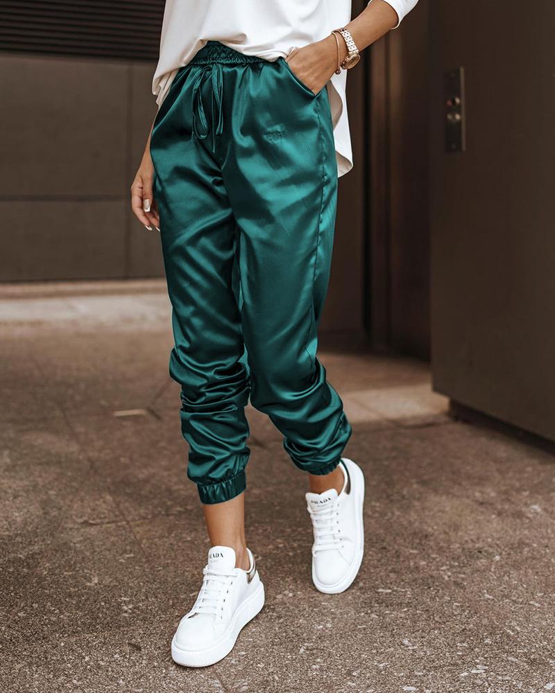 

High Waist Drawstring Pocket Design Satin Pants, Green