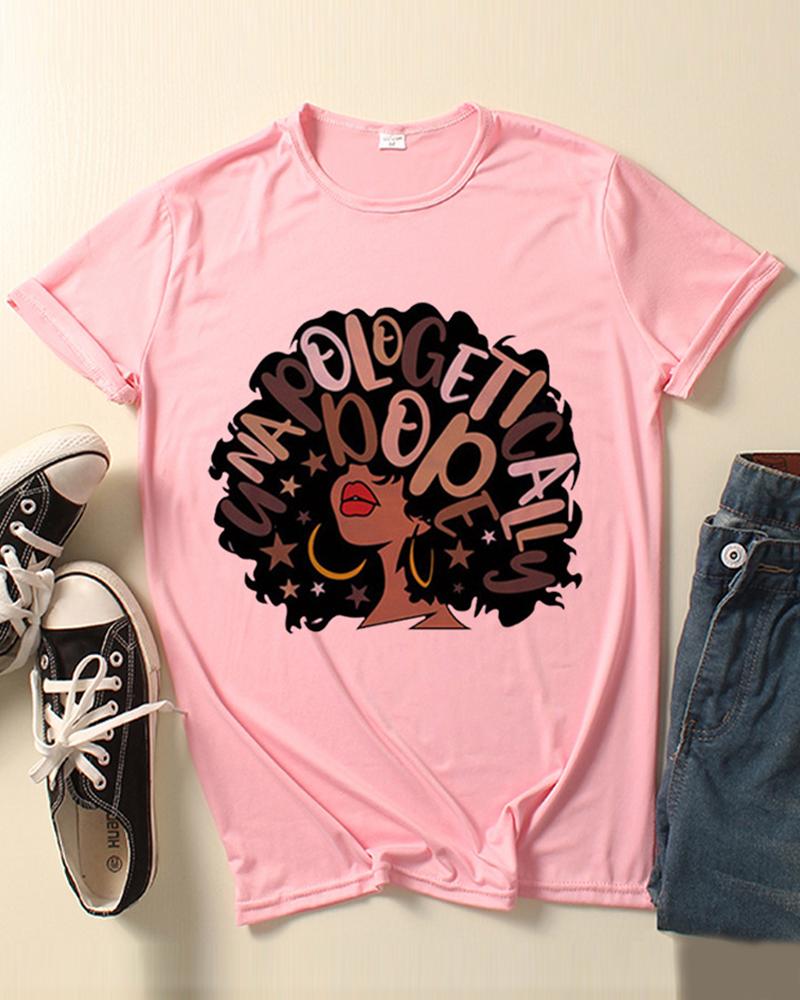 

Figure Letter Print Round Neck T-shirt, Pink