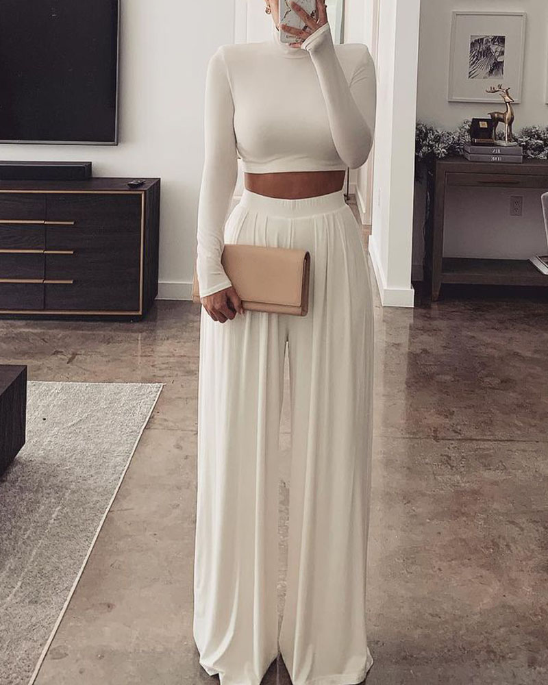 

Long Sleeve Crop Top & Wide Leg Pants Set, White