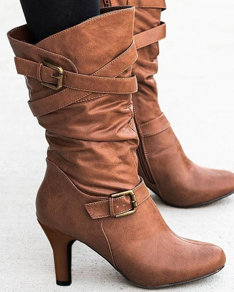 

Buckled Ruched Cowboy Boots, Brown