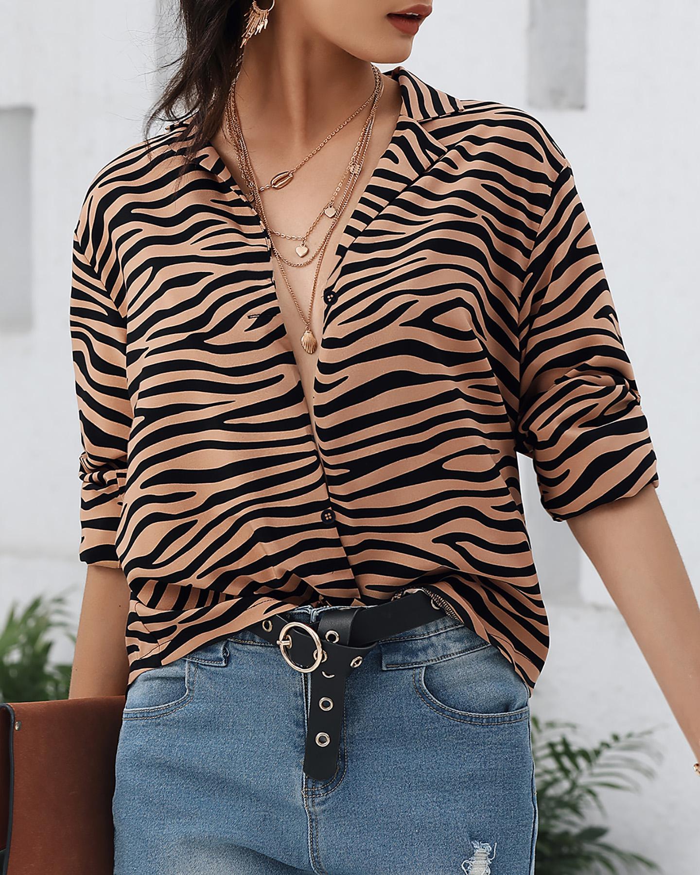 

Zebra Print V Neck Button Up Casual Shirt, Dark brown