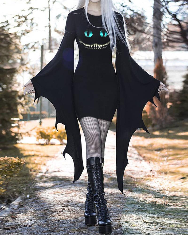 

Halloween Graphic Print Batwing Sleeve Bodycon Dress, Black