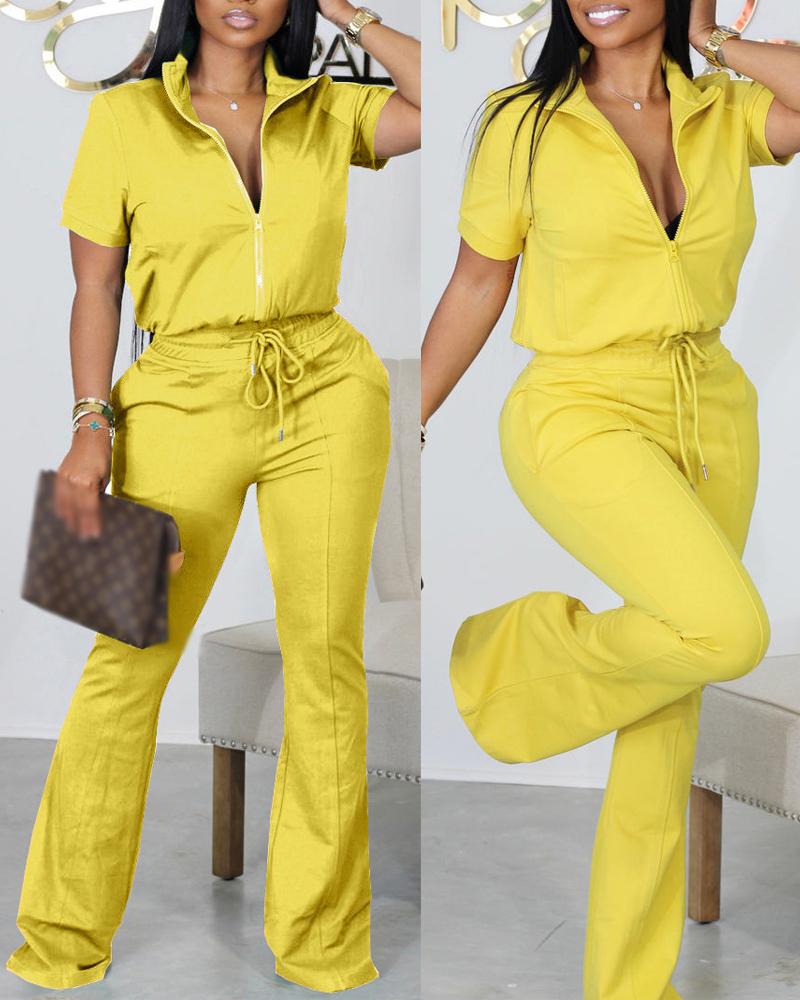 

Short Sleeve Zip Up Top & Drawstring Pants Set, Yellow