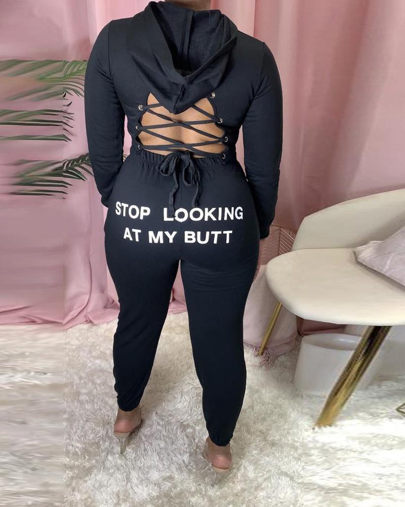 

Eyelet Lace-up Backless Hooded Crop Top & Letter Print Pants Set, Black