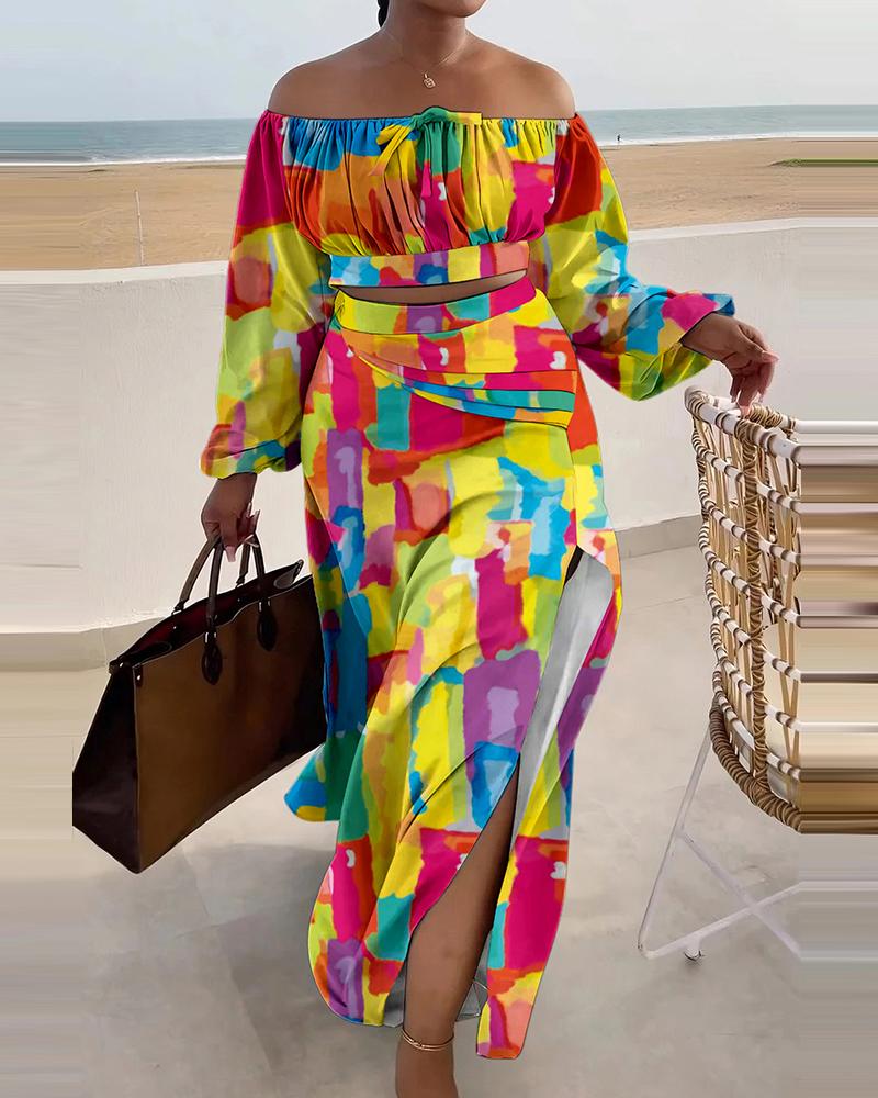 

Melting Colors All Over Print Ruched Lantern Sleeve Top & Slit Skirt Set, Multicolor