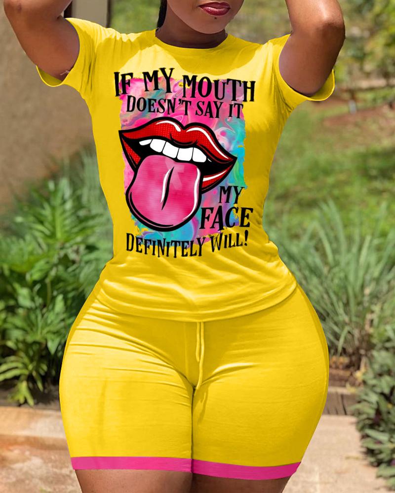 

Lip Letter Print Casual Top & Drawstring Shorts Set, Yellow