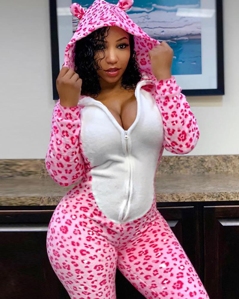 

Cheetah Print Zipper Design Skinny Hooded Jumpsuit, Pink
