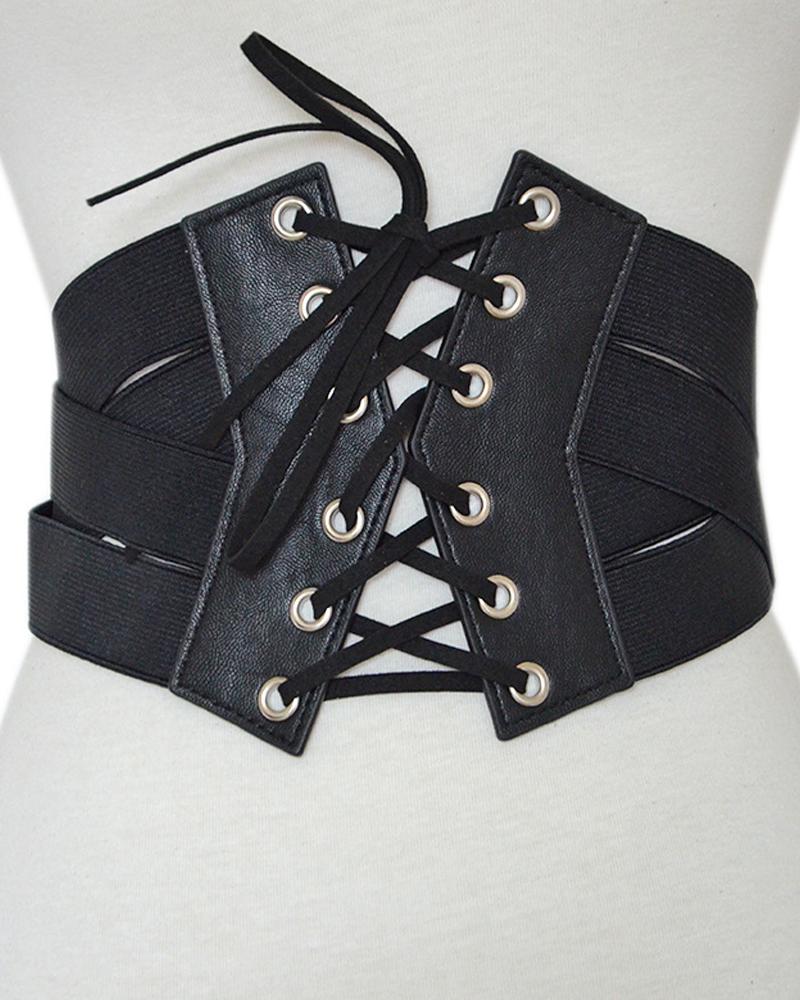 

1pc Grommet Eyelet Lace-up Elastic Wide Belt, Black