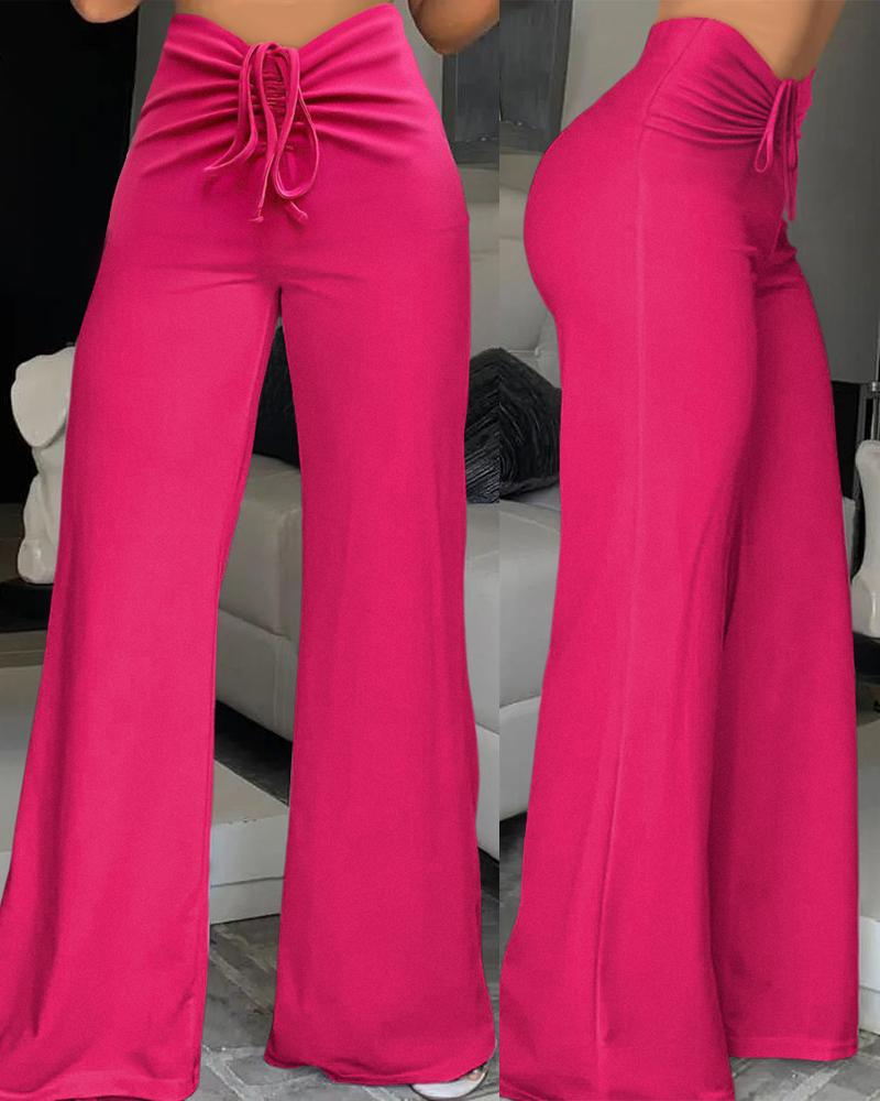 

High Waist Drawstring Flared Pants, Hot pink