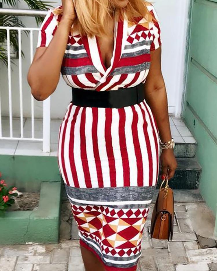 

Geometric Print & Stripes Wrapped Dress, Red