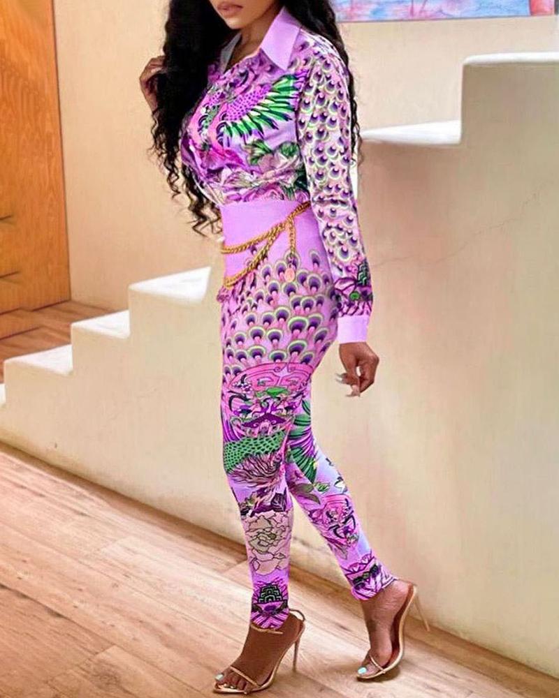 

Long Sleeve Peacock Print Buttoned Top & Pants Set, Purple