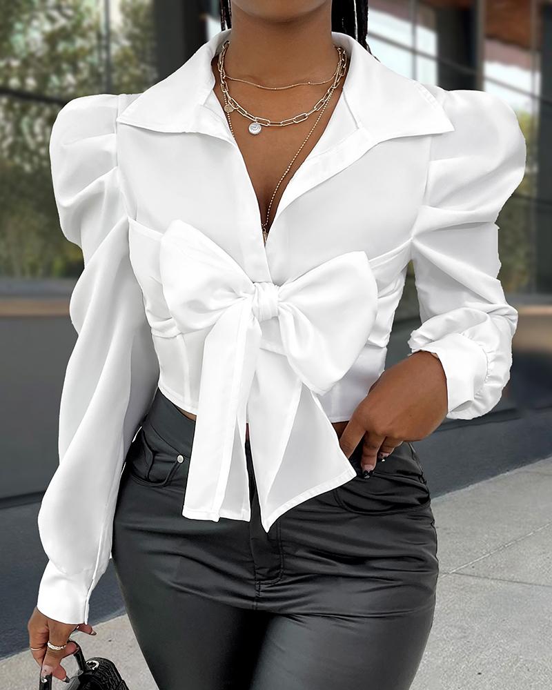 

Buttoned Puff Sleeve Tied Detail Top, White