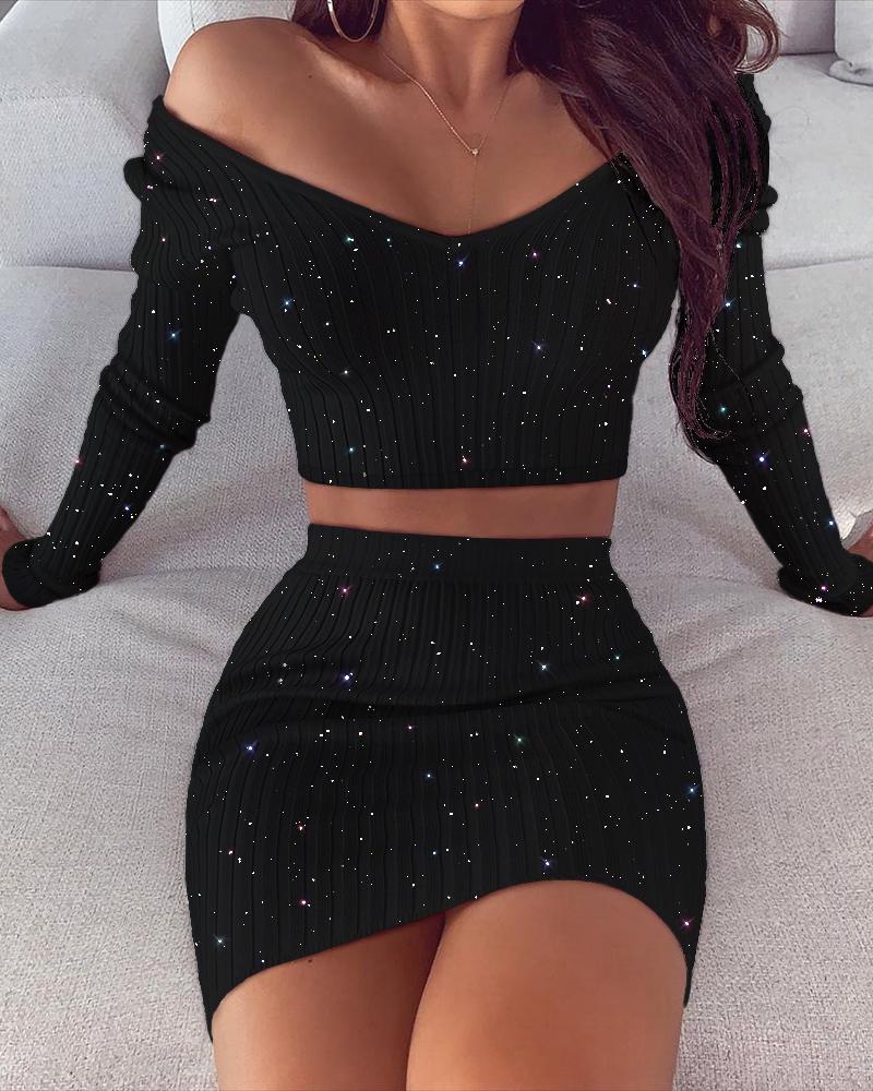 

Glitter Off Shoulder Crop Top & Skirt Sets, Black
