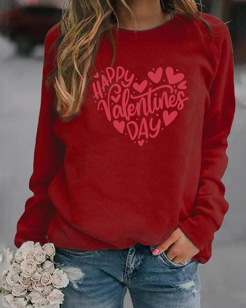 

Valentine' Day Heart Letter Print Long Sleeve Top, Wine red