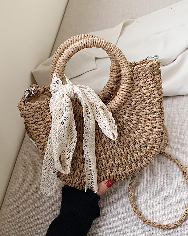 

Straw Woven Round Handle Bowknot Design Tote Bags, Khaki