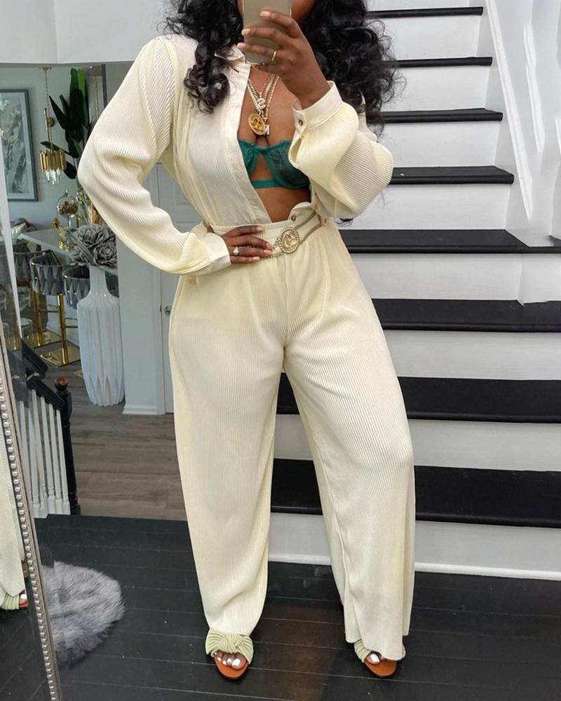 

Ribbed Long Sleeve Button Design Top & Pants Set, Beige