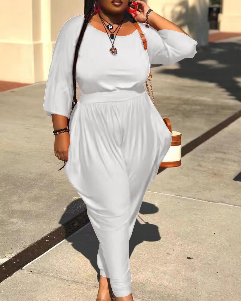 

Plus Size Plain Casual Top & Draped Detail Pants Set, White