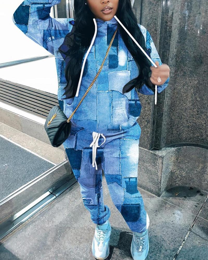 

Plus Size Denim Look Print Long Sleeve Hoodie & Pants Set, Blue
