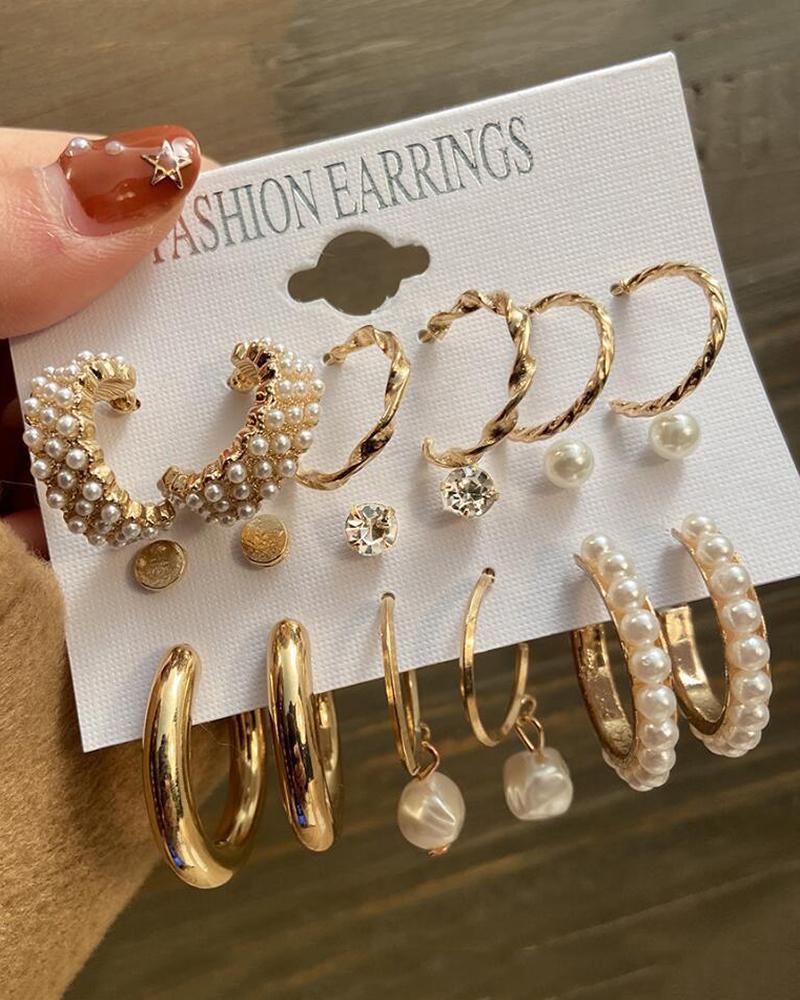 

9Pairs Rhinestone Decor Hoop Earrings Set, Gold