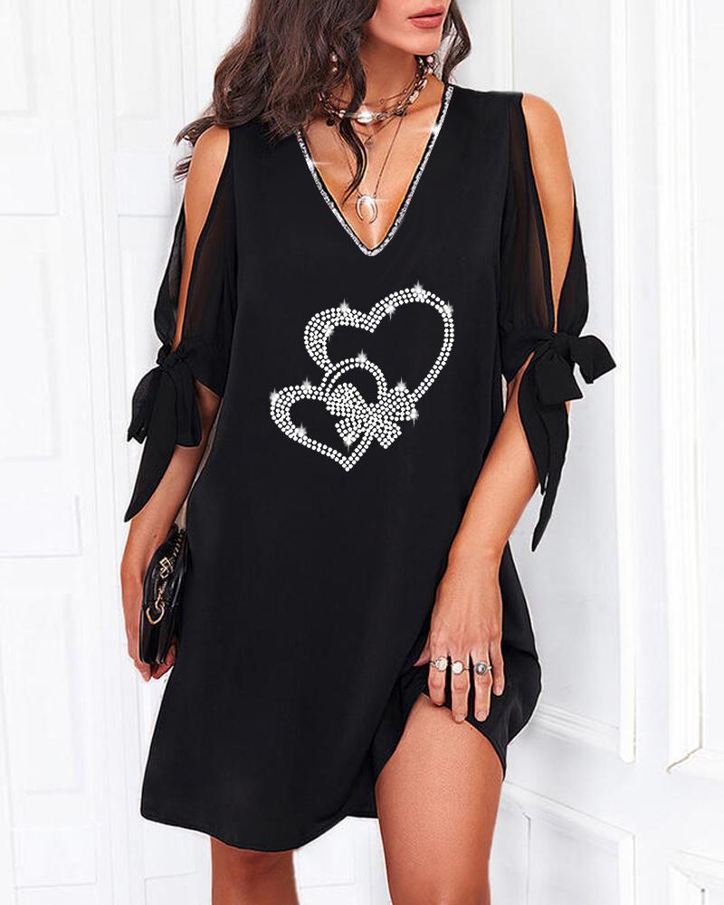 

Valentine' Day Rhinestone Heart Pattern Cold Shoulder Top, Black