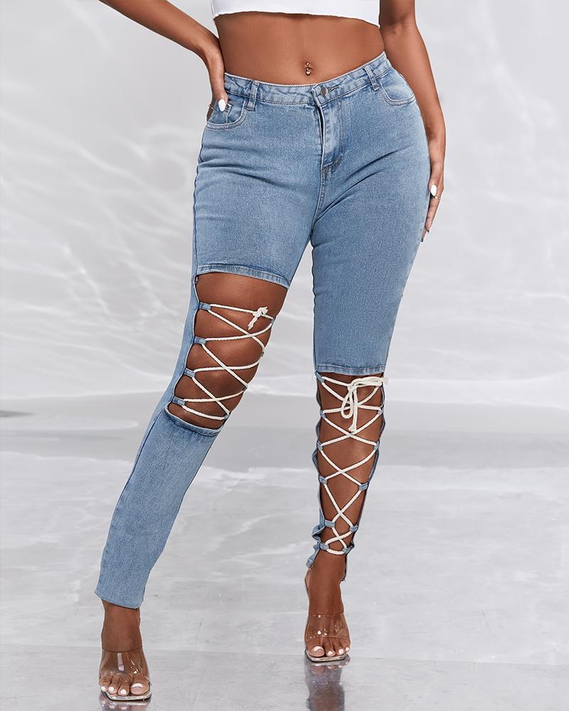

Lace-up Cutout Single Button High Waist Jeans, Blue