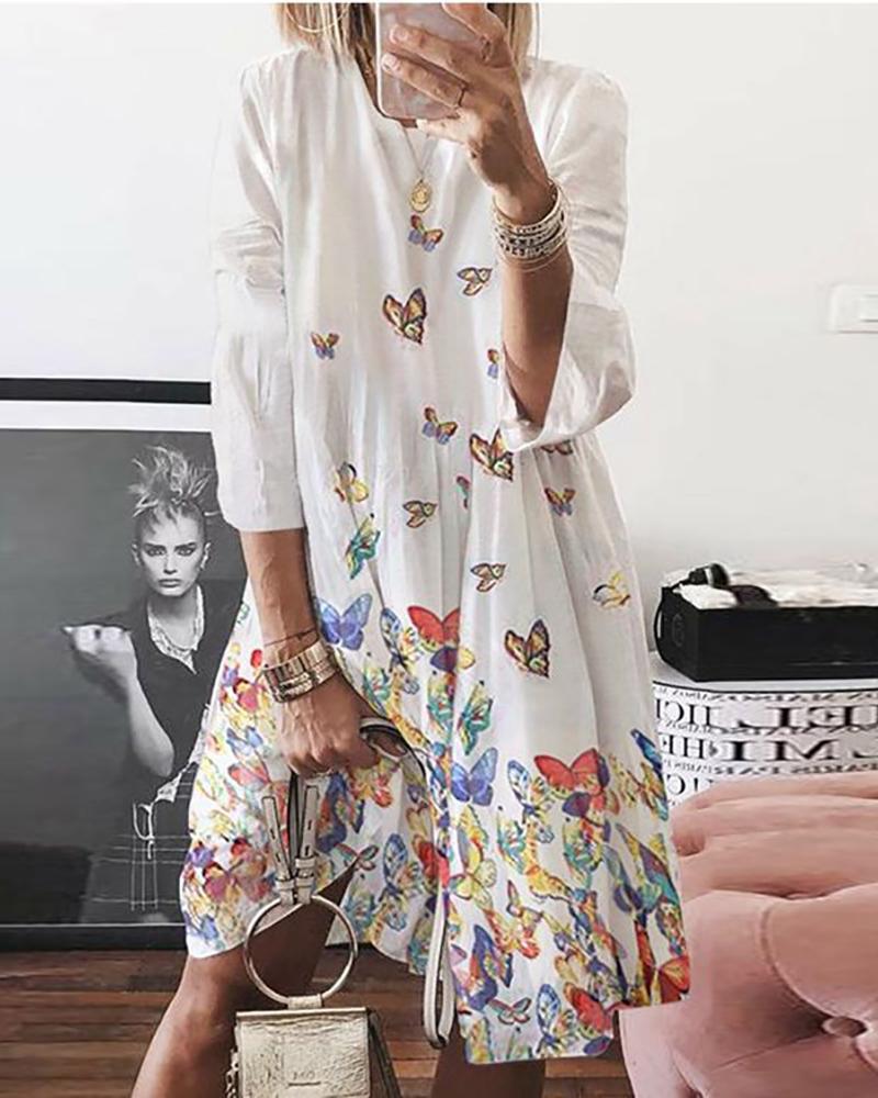 

Butterfly Print Long Sleeve Casual Dress, White