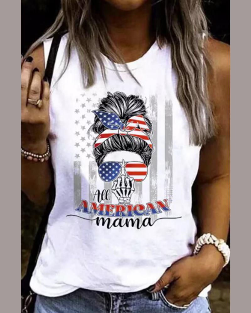 

Independence Day American Flag Mama Figure Print Tank Top, White