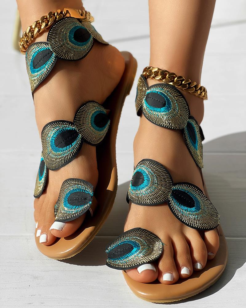 

Peacock Tail Pattern Toe Post Sandals, Blue