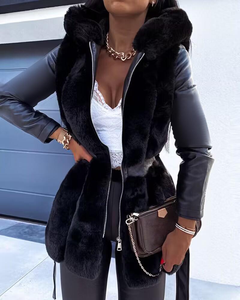 

Long Sleeve Hooded Zip Up Warm Fuzzy Coat, Black